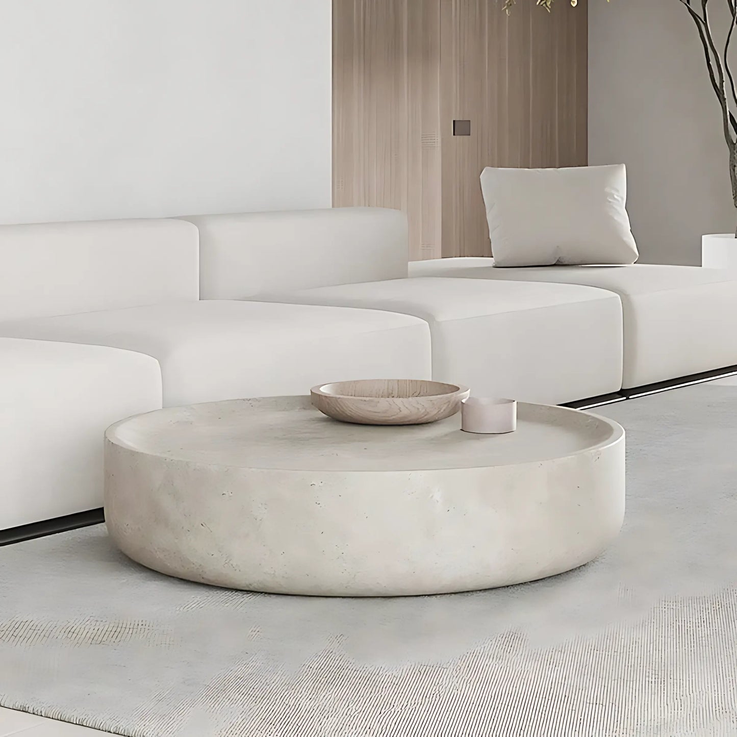 Nordic Simple Round Fiberglass Imitate Travertine Finish Coffee Table