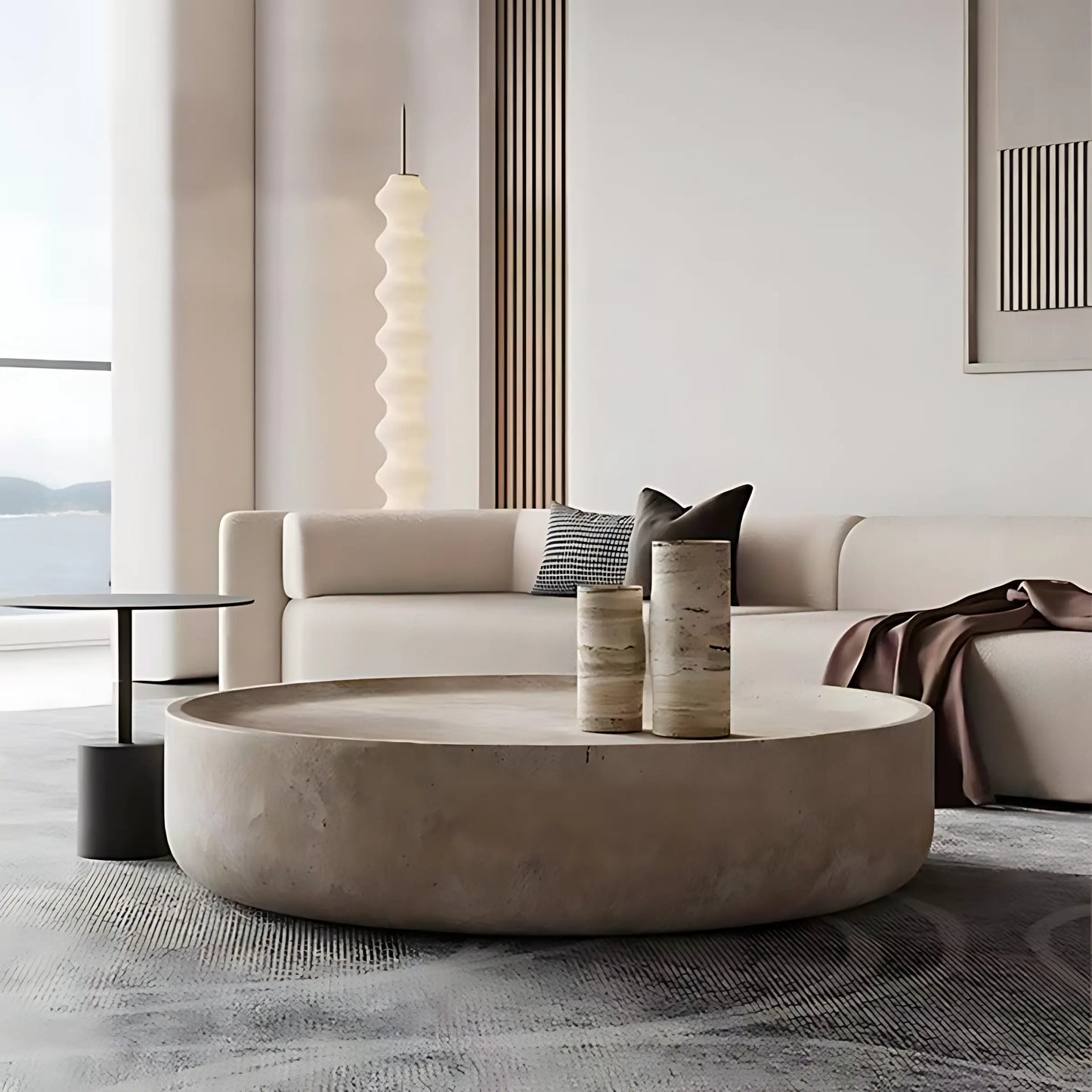 Nordic Simple Round Fiberglass Imitate Travertine Finish Coffee Table