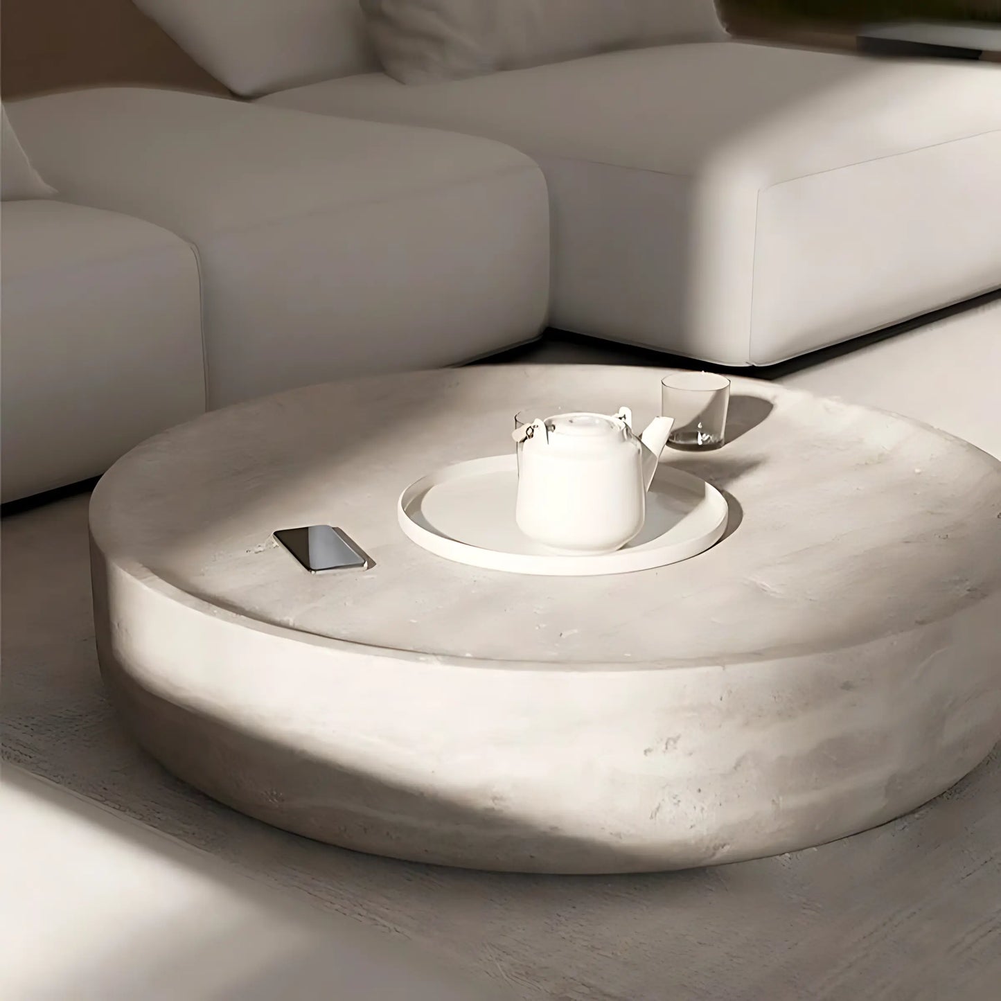 Nordic Simple Round Fiberglass Imitate Travertine Finish Coffee Table