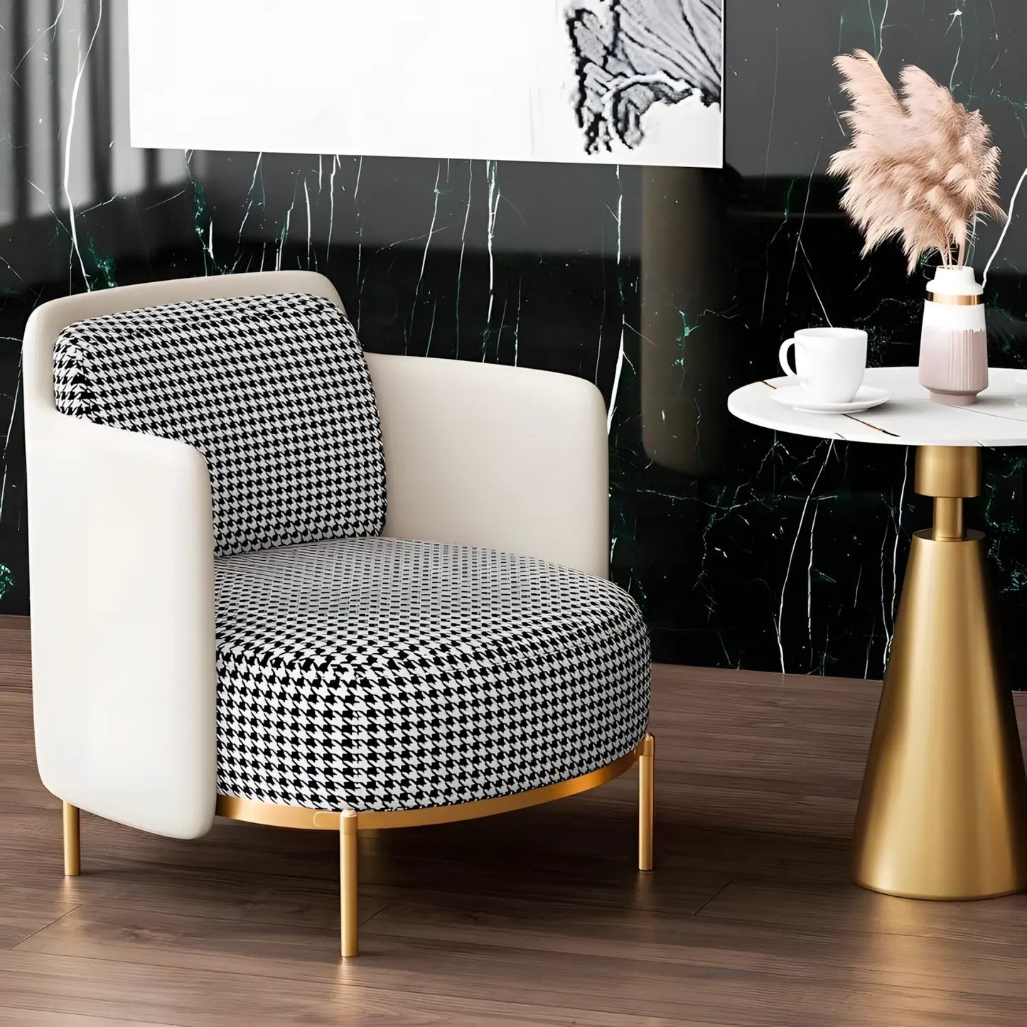 Modern armchair with houndstooth pattern in a stylish room with gold side table and abstract art.