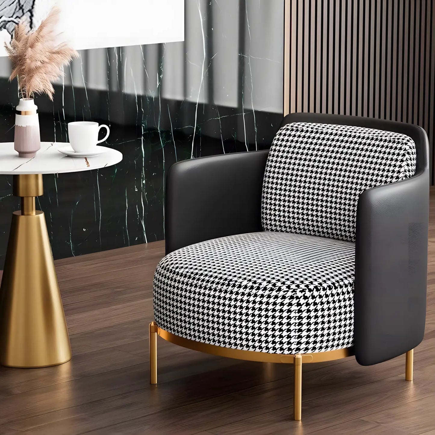Modern armchair with black and white patterned seat and backrest in a stylish room.