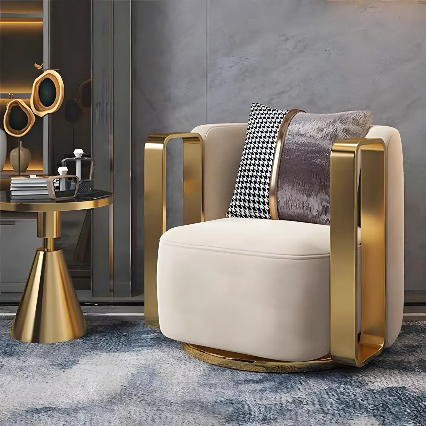 Modern Fabric Lounge Swivel Armchair Luxury Gold Metal Frame Velvet Single Sofa Chair