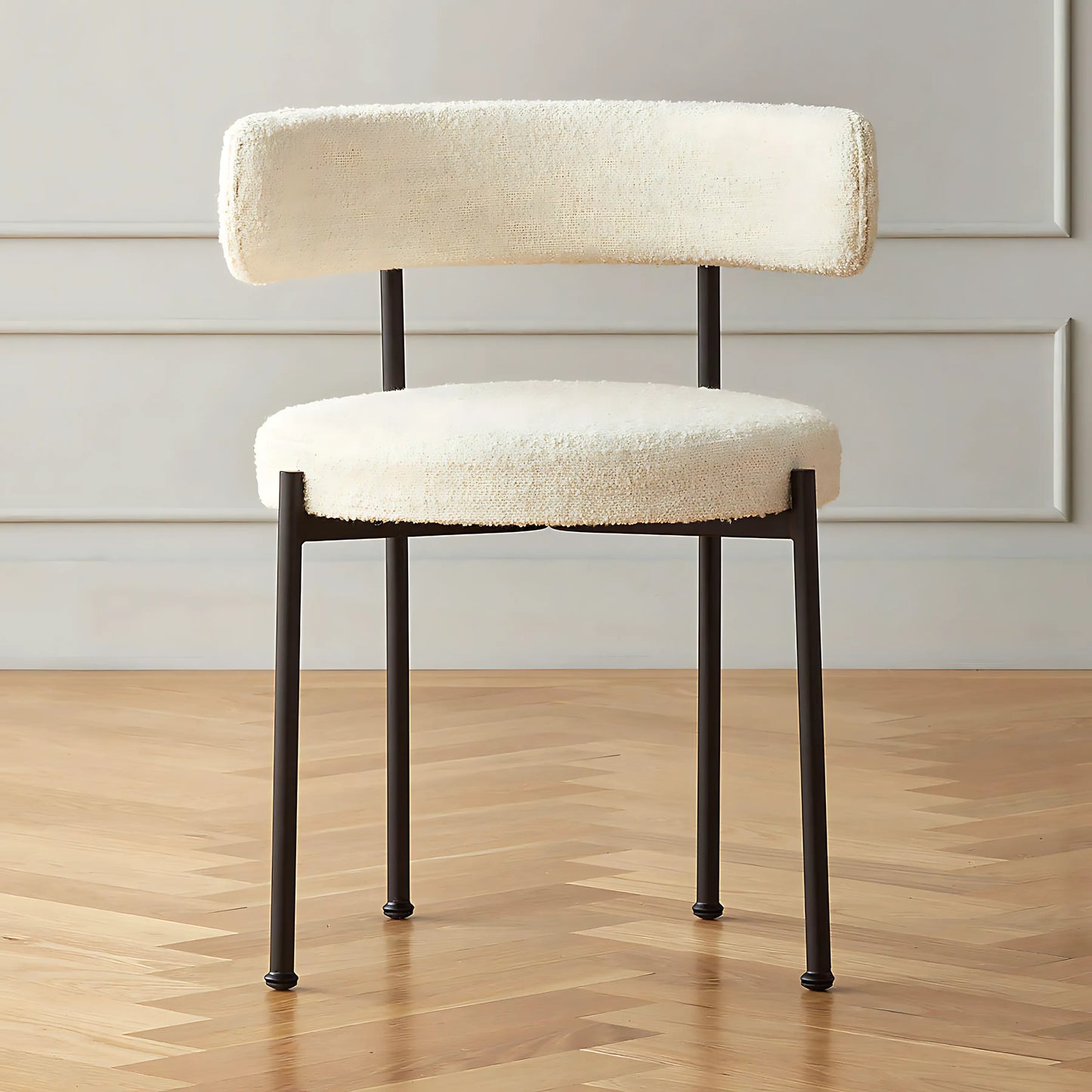 Luxury White Nordic Boucle Dining Chair With Metal Iron Legs