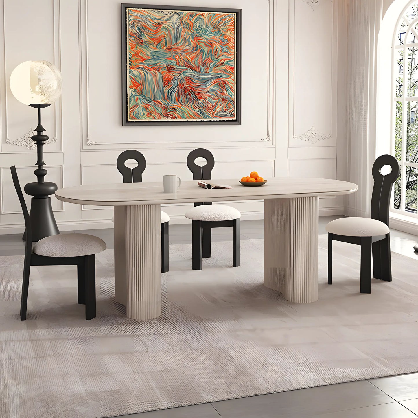 Ancient Style Oval Cave Stone Rock Plate Dining Table and Chair
