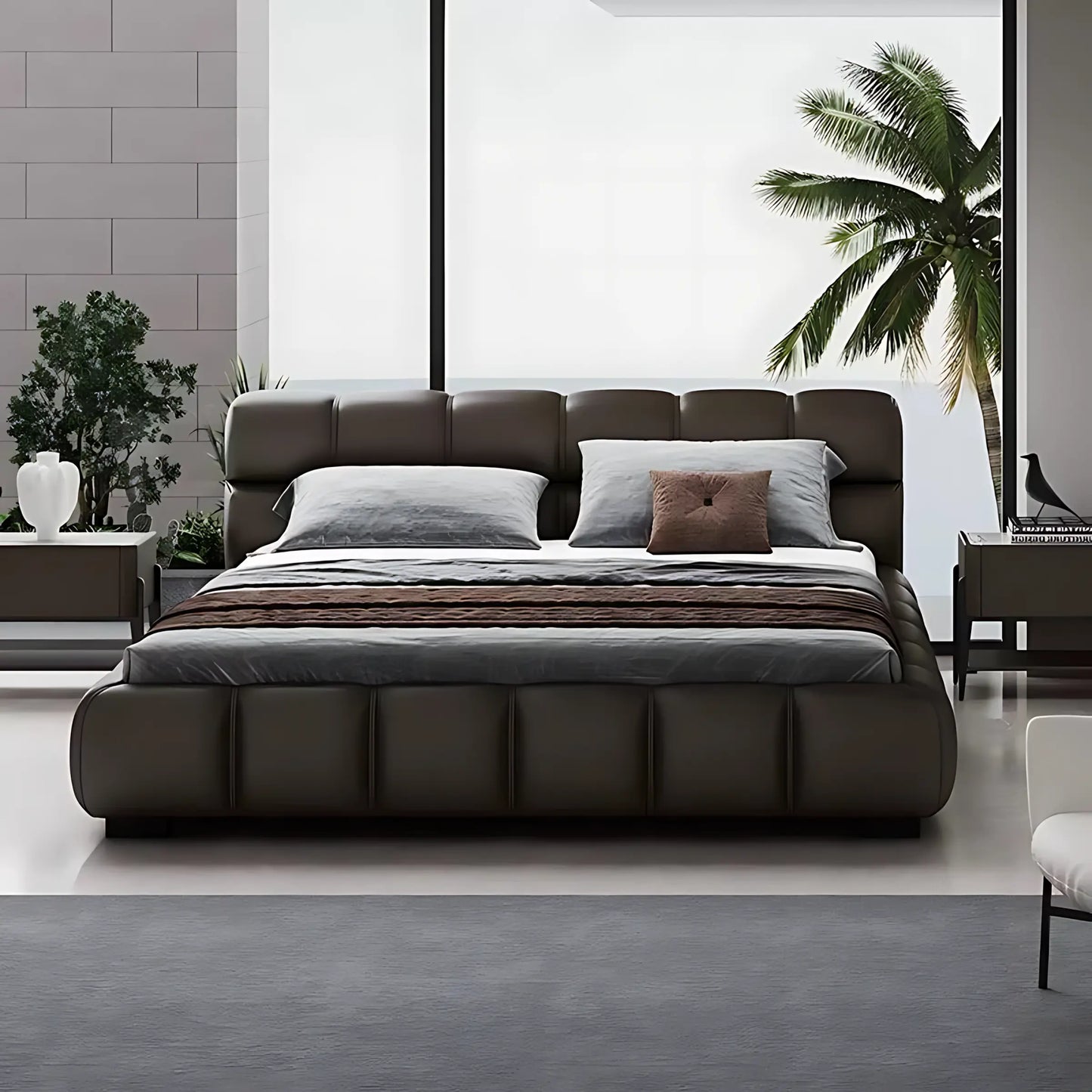 Genuine Leather Up-holstered king Size Bed Luxury Wooden Queen Bed Frame