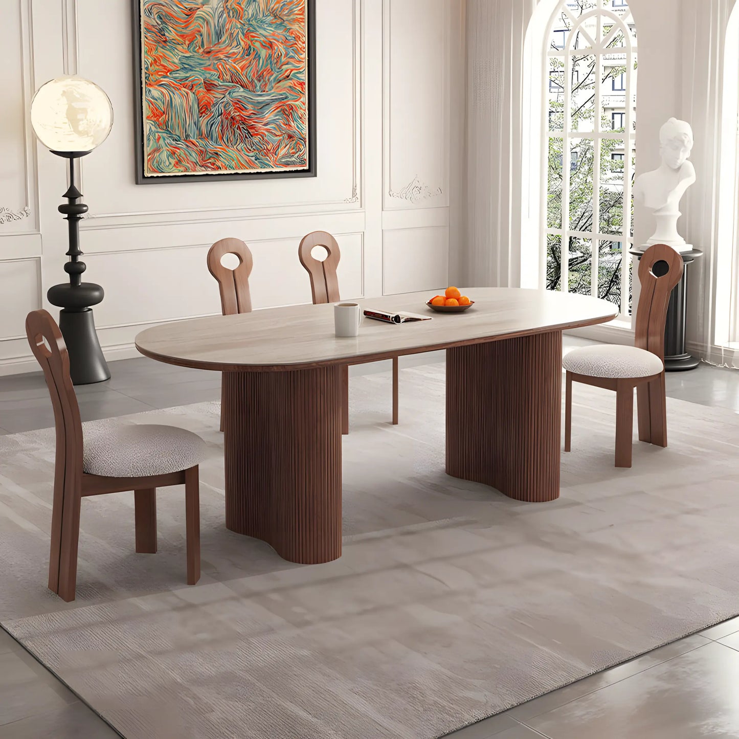 Ancient Style Oval Cave Stone Rock Plate Dining Table and Chair