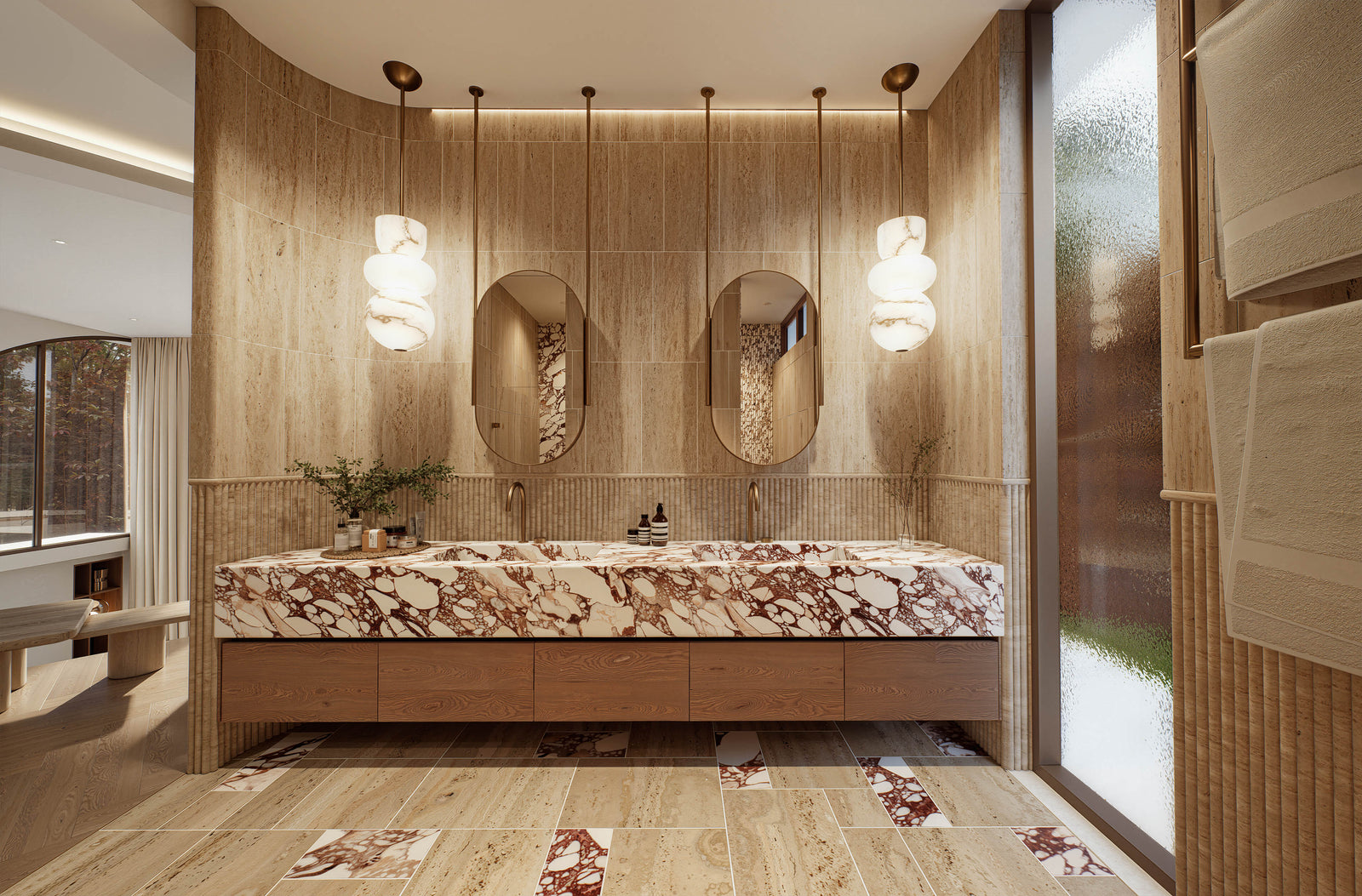 Luxury bathroom featuring double vanity, marble benchtop and designer lighting at Moderno by Albert Living, a modern luxury residence in Melbourne.