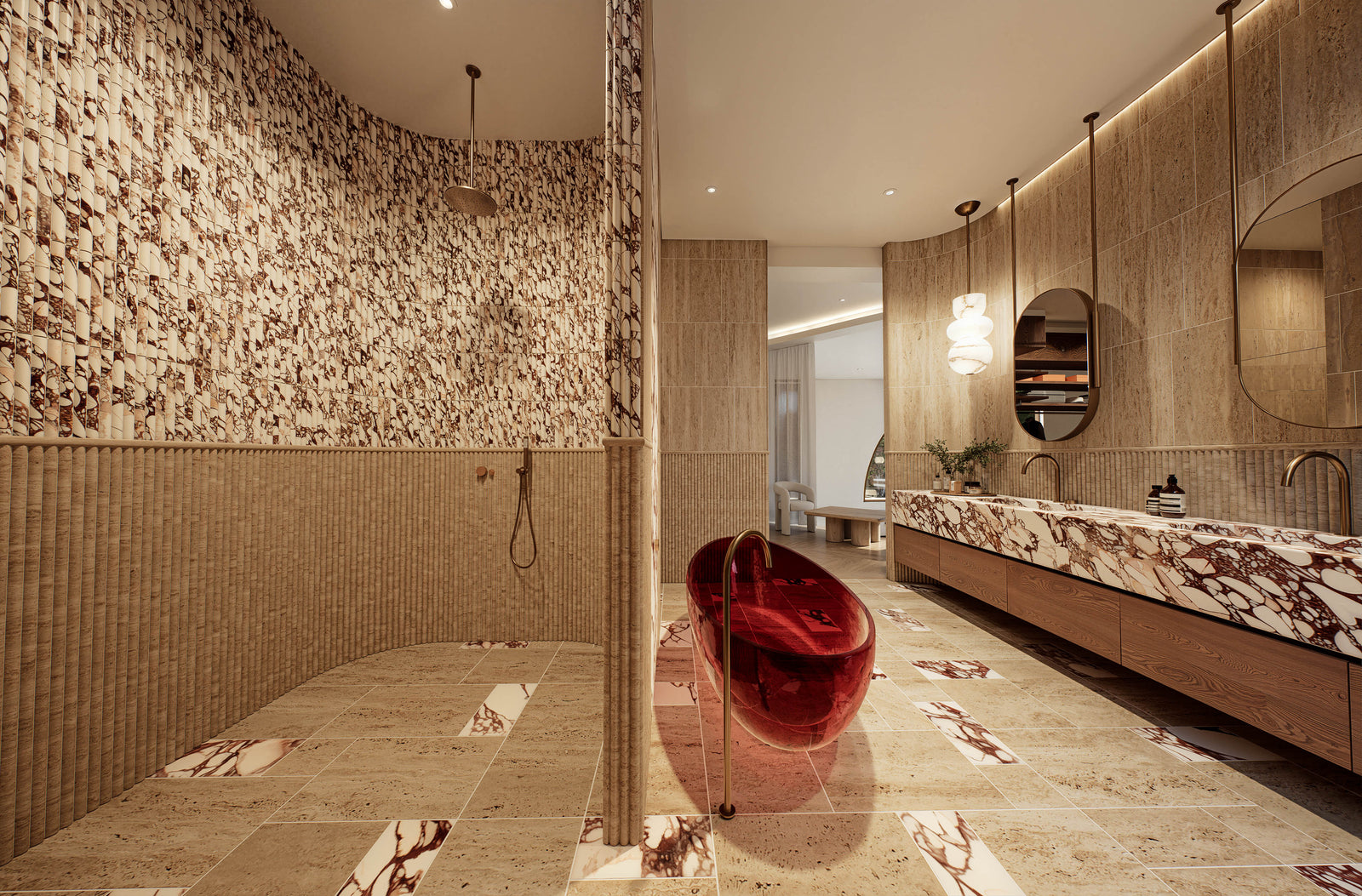 Luxury bathroom featuring marble double vanity and sculptural red basin at Moderno by Albert Living, a modern luxury residence in Melbourne.