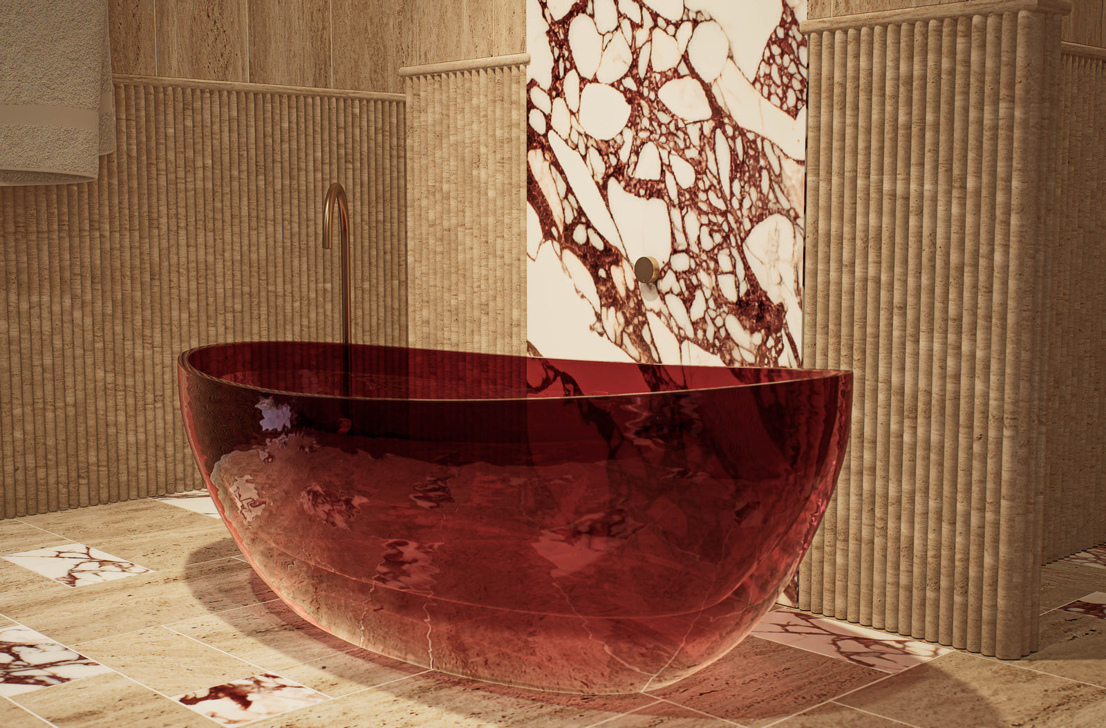 Luxury bathroom featuring red glass basin and textured stone walls at Moderno by Albert Living, a modern luxury residence in Melbourne.