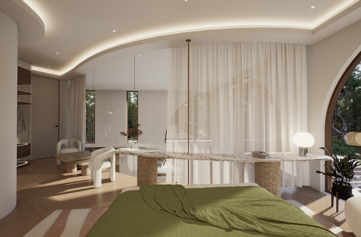 Luxury master bedroom featuring mezzanine outlook and sculptural architecture at Villa Arcus by Albert Living, a luxury home design.