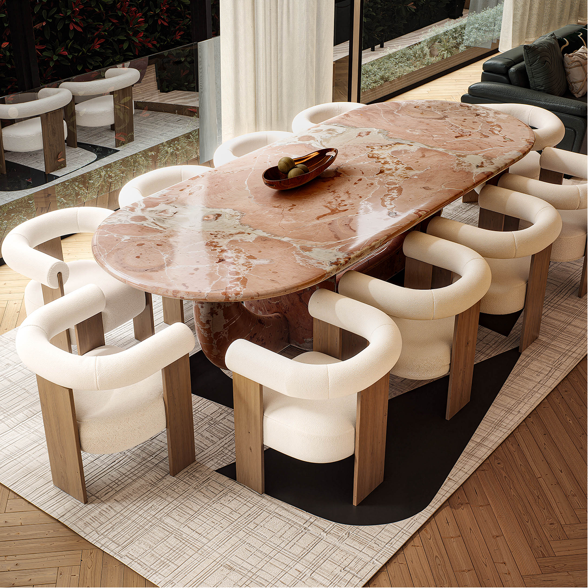 Luxury dining room featuring sculptural furniture and warm timber flooring at 70 Cobden Melbourne by Albert Living.