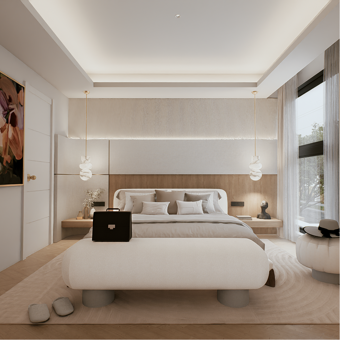 Luxury master bedroom featuring soft neutral palette and custom wall panelling at 100 Derby by Albert Living, a modern luxury residence in Kew Melbourne.