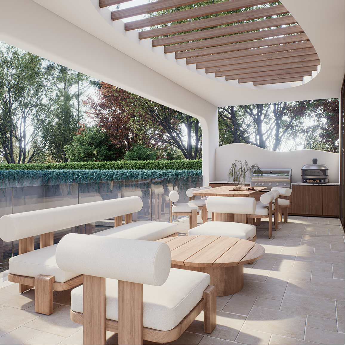 Luxury alfresco featuring outdoor dining, timber furniture and pergola at Villa Arcus by Albert Living, a conceptual luxury home design.
