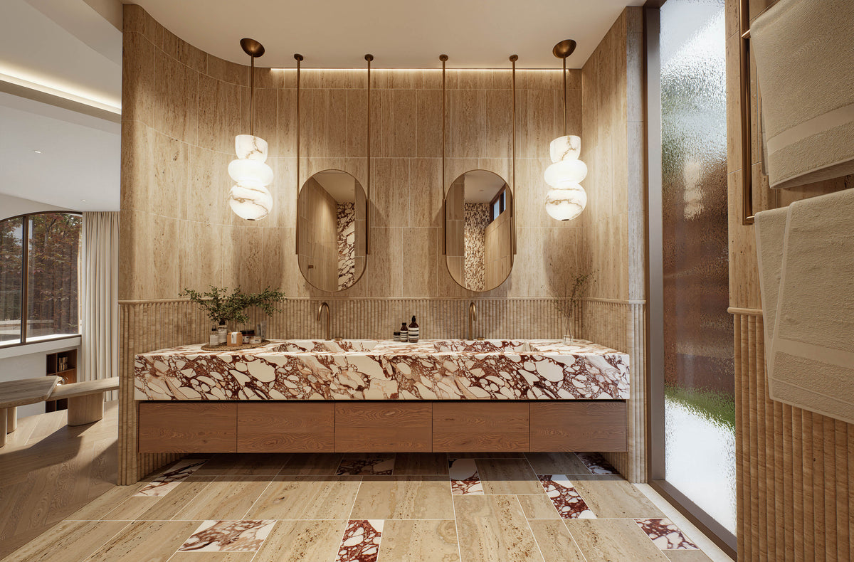 Luxury master ensuite featuring designer double vanity and premium stone finishes at Villa Arcus by Albert Living, a luxury home design.