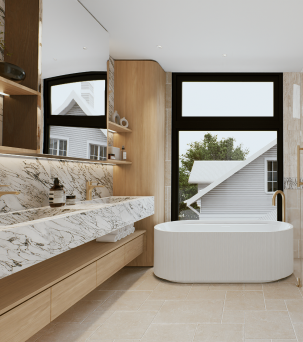 Luxury bathroom featuring freestanding bathtub and marble vanity at 100 Derby Melbourne by Albert Living