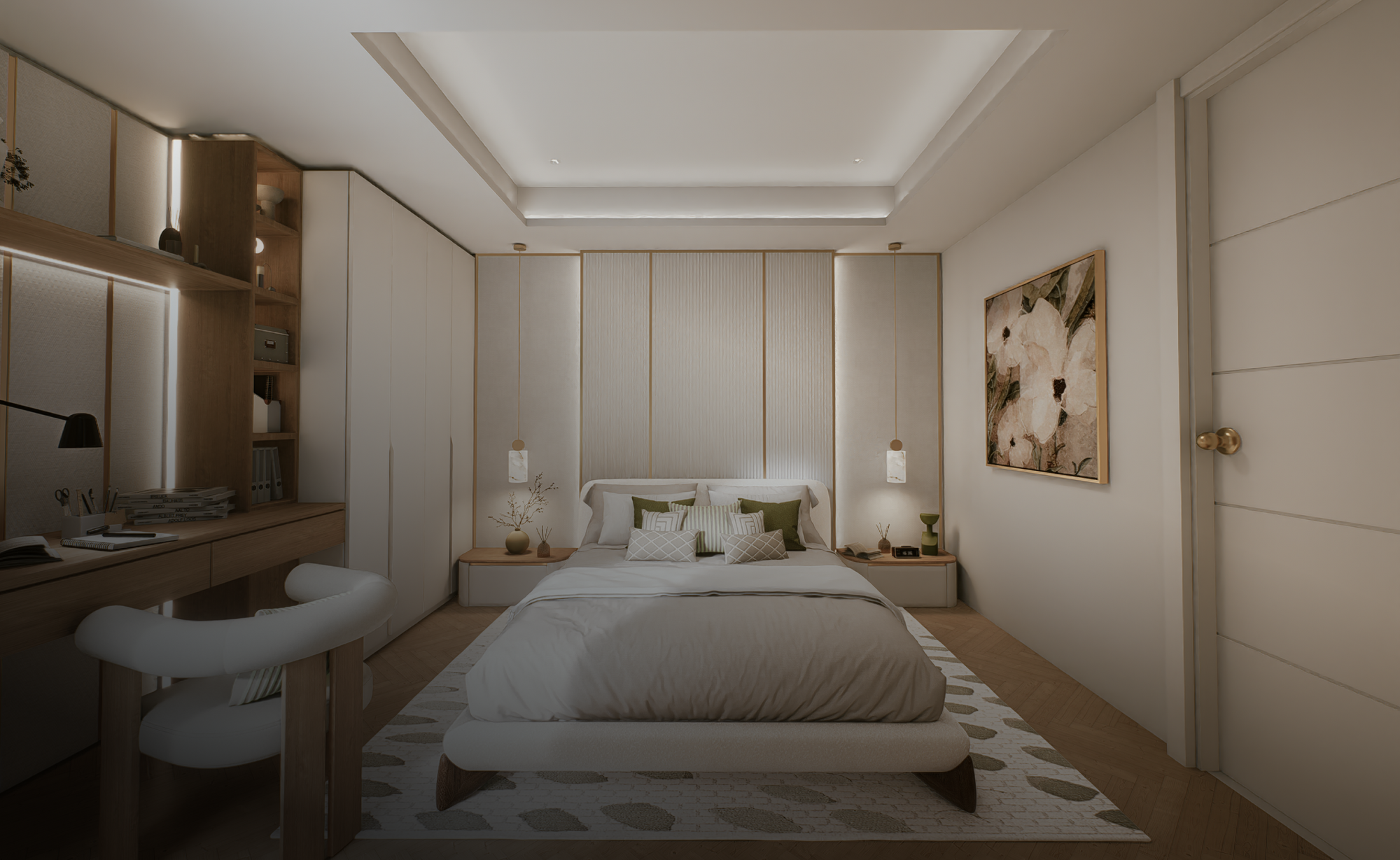 Luxury bedroom featuring minimalist design and warm timber flooring at 100 Derby Melbourne by Albert Living.