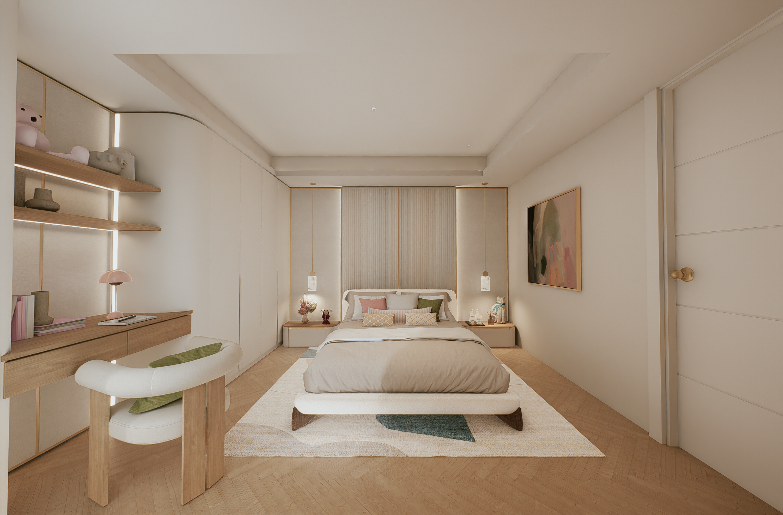 Luxury bedroom featuring custom study desk and soft lighting at 100 Derby Melbourne by Albert Living.