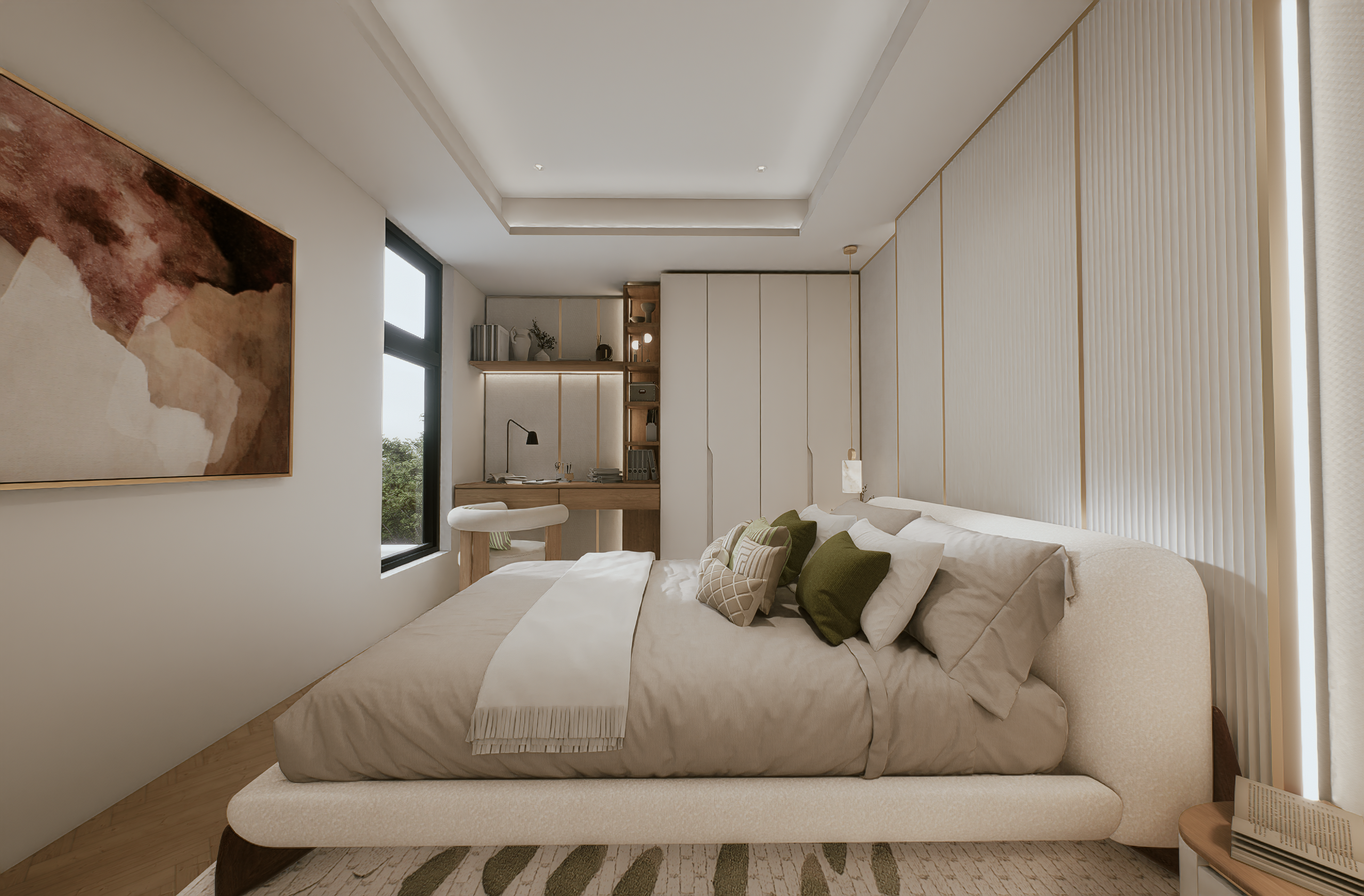 Luxury bedroom featuring soft neutral palette and custom wall panelling at 100 Derby Melbourne by Albert Living.