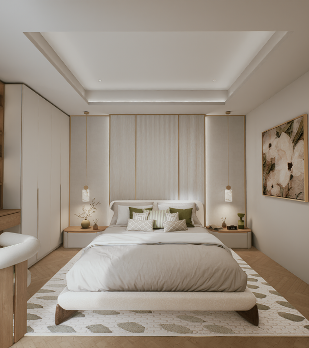 Luxury bedroom featuring upholstered bed and recessed ceiling lighting at 100 Derby Melbourne by Albert Living.