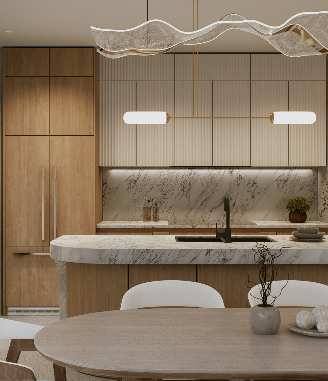Luxury kitchen featuring arabescato cielo curved marble island and oak cabinetry at 100 Derby Melbourne by Albert Living.