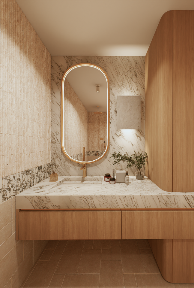 Luxury guest ensuite featuring marble vanity and textured tiles at 100 Derby by Albert Living, an architectural home in Kew Victoria.