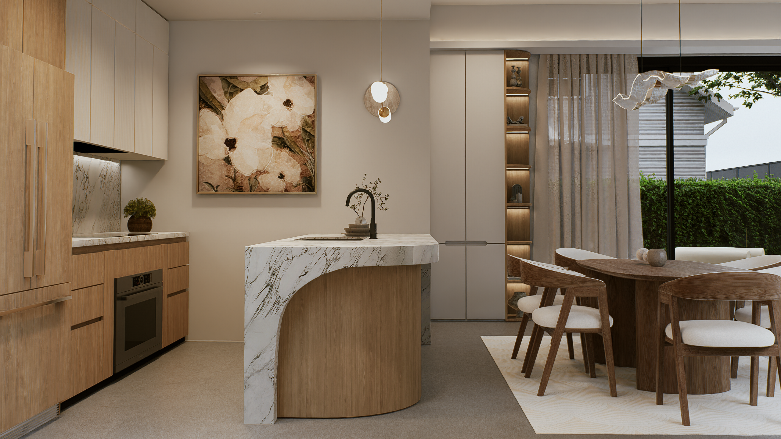 Luxury kitchen featuring arabescato cielo curved marble island and oak cabinetry at 100 Derby Melbourne by Albert Living.