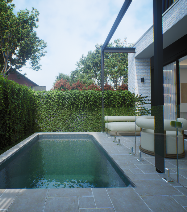 Luxury outdoor lap pool featuring stone paving and garden hedging at 100 Derby Melbourne by Albert Living.