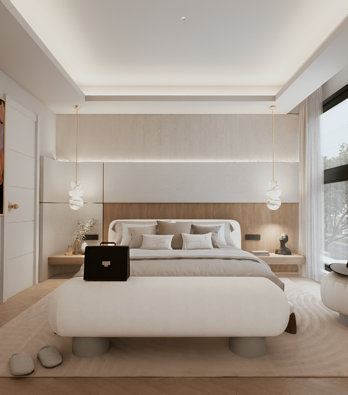 Luxury master bedroom featuring soft neutral palette and custom wall panelling at 100 Derby by Albert Living, a modern luxury residence in Kew Melbourne.