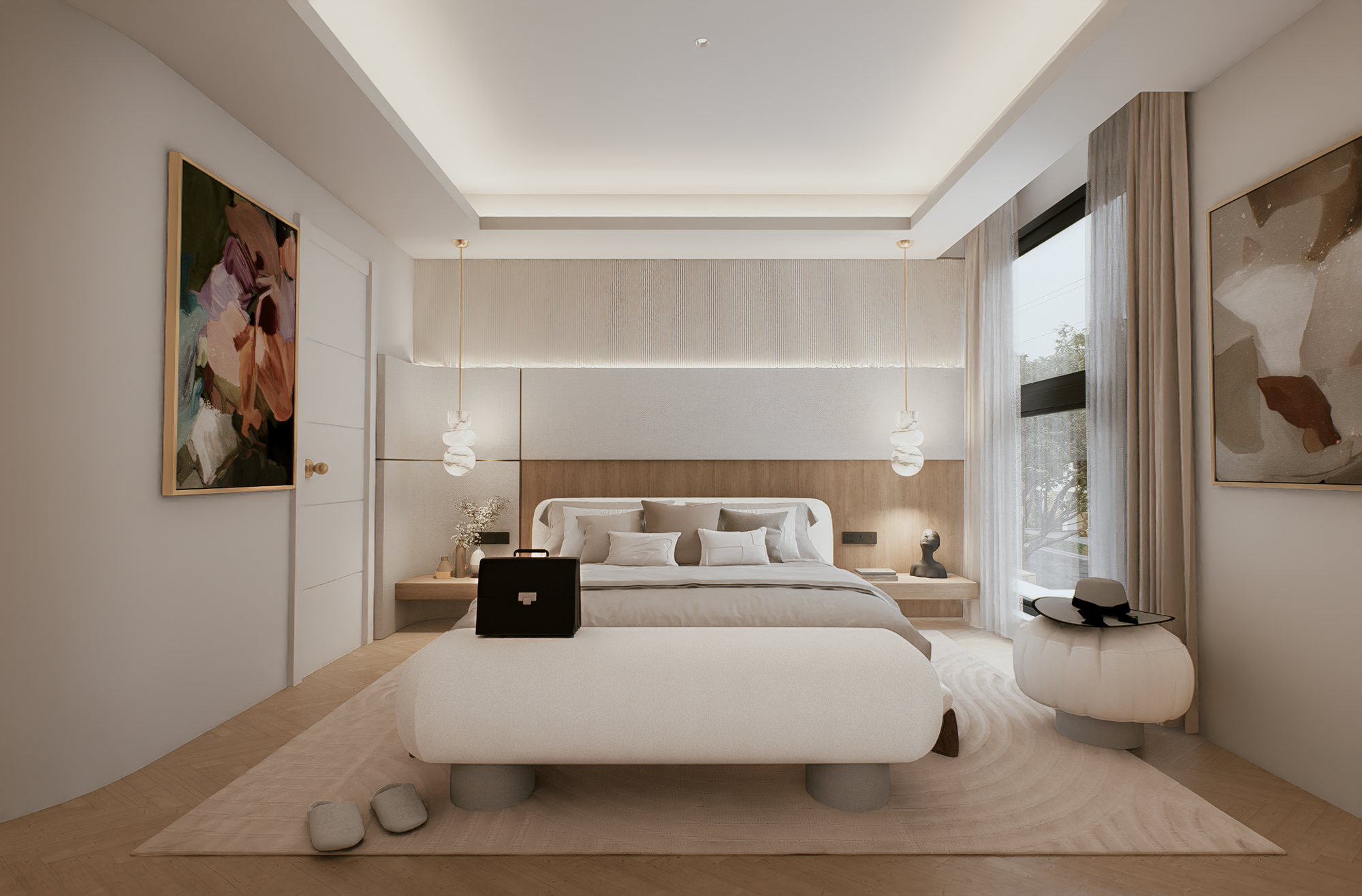 Luxury master bedroom featuring custom wall panelling and soft ambient lighting at 100 Derby Melbourne by Albert Living.