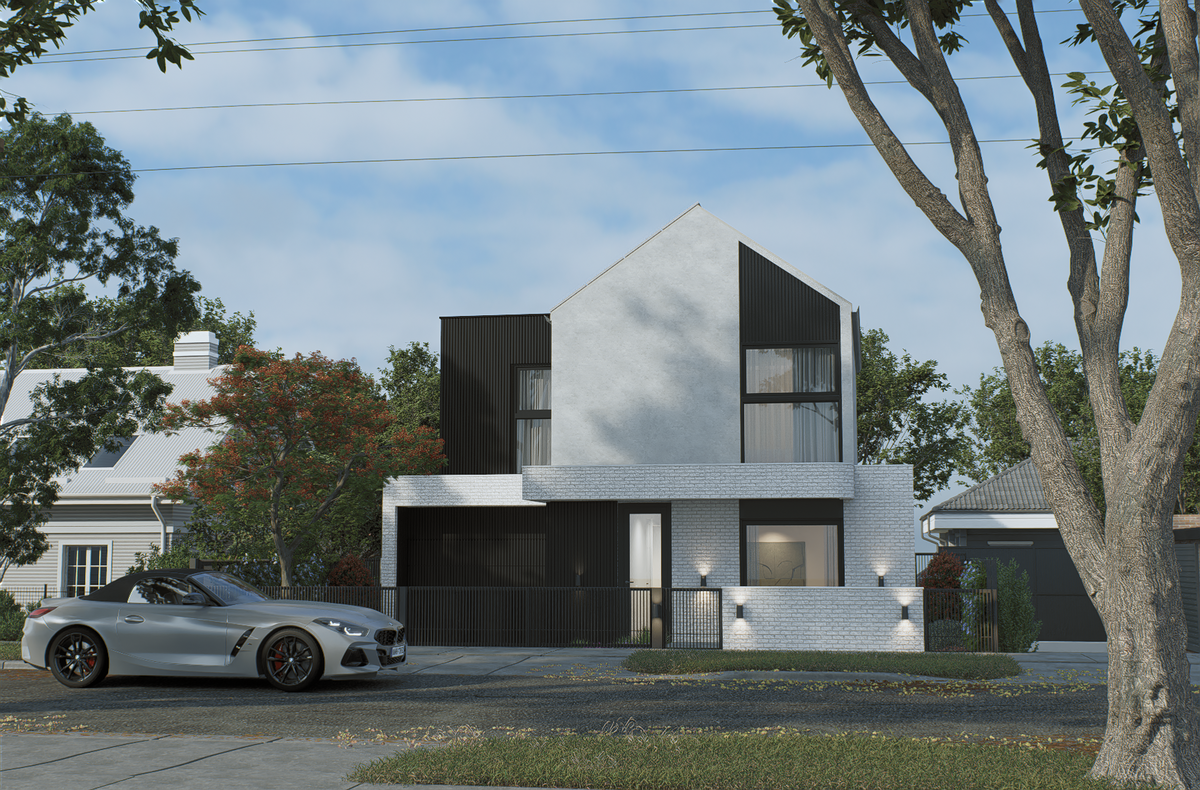 Luxury modern home facade featuring white brick and black cladding at 100 Derby Melbourne by Albert Living.