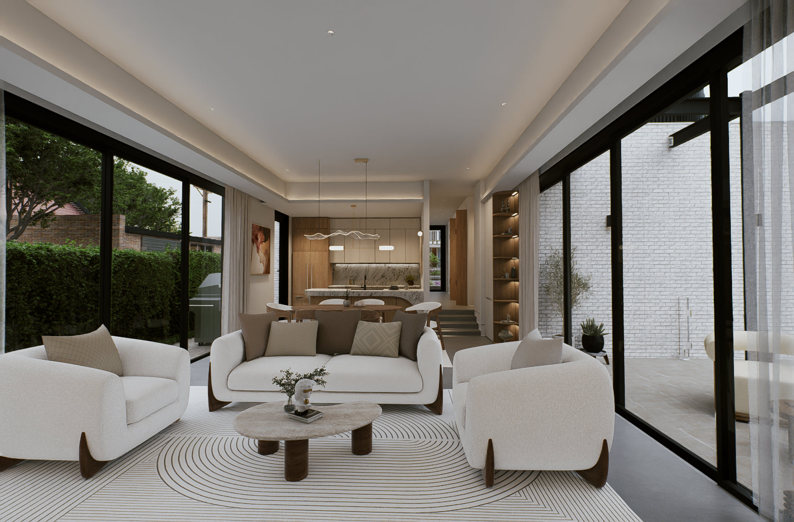 Luxury open plan kitchen living and dining featuring marble island and timber cabinetry at 100 Derby Melbourne by Albert Living.