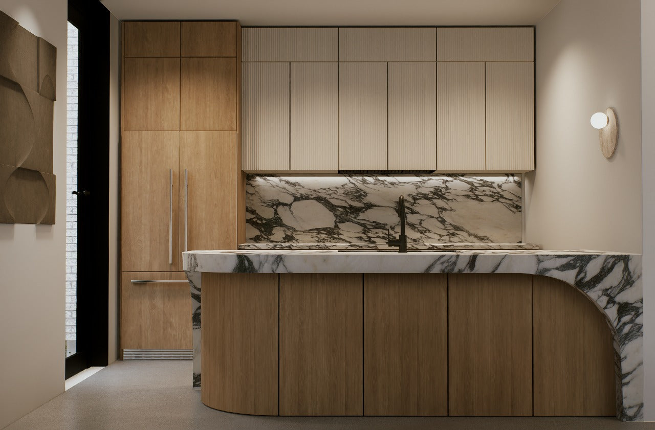 Luxury open plan kitchen and living featuring marble island and timber cabinetry at 100 Derby Melbourne by Albert Living.