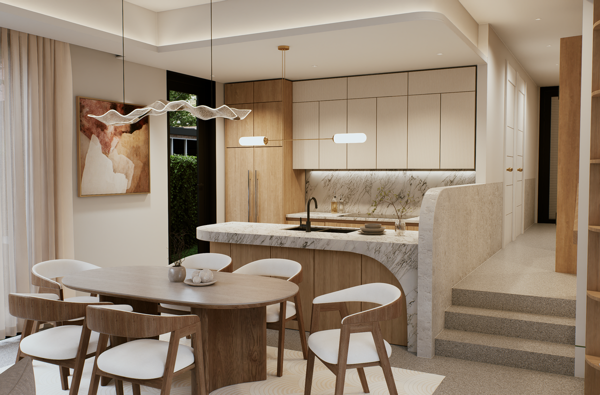 Luxury open plan kitchen and living featuring marble island and timber cabinetry at 100 Derby Melbourne by Albert Living.