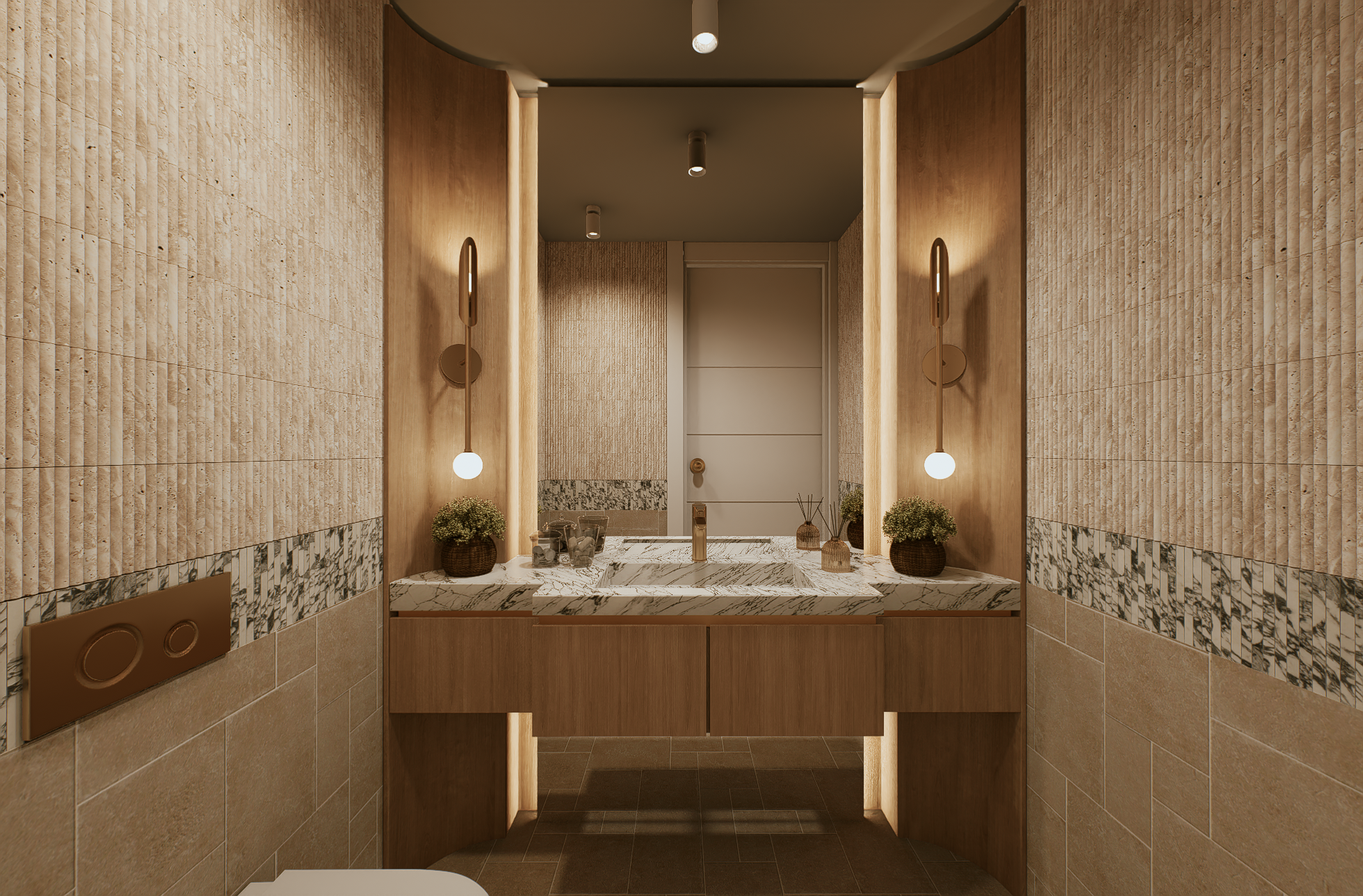 Luxury powder room featuring timber vanity and textured tiles at 100 Derby Melbourne by Albert Living.