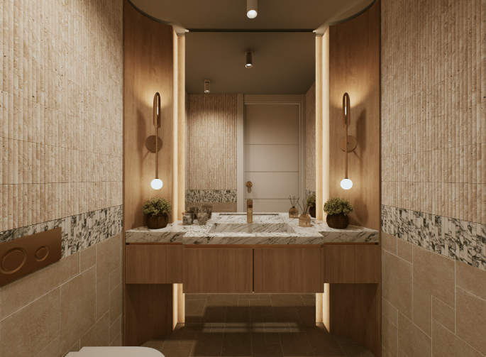 Luxury powder room featuring marble vanity and warm timber finishes at 100 Derby by Albert Living, a modern luxury residence in Kew Melbourne.