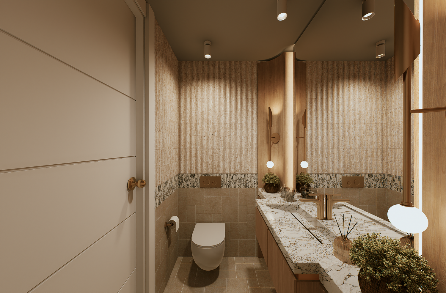 Luxury powder room featuring marble vanity and warm ambient lighting at 100 Derby Melbourne by Albert Living.