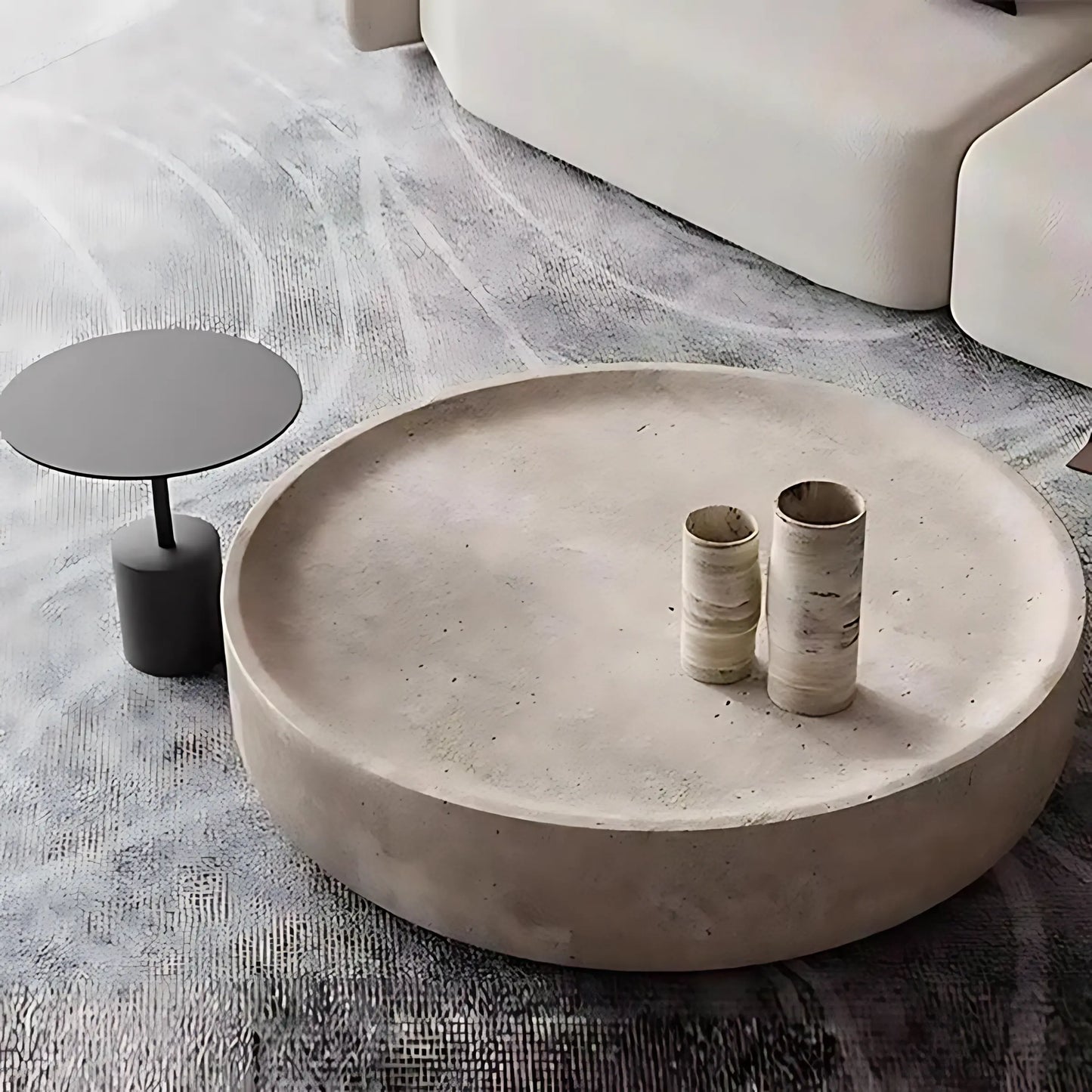 Nordic Simple Round Fiberglass Imitate Travertine Finish Coffee Table