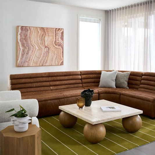 Nordic Modern Ball-shaped Base Solid Wood Side Tables Square Travertine Top Coffee Table