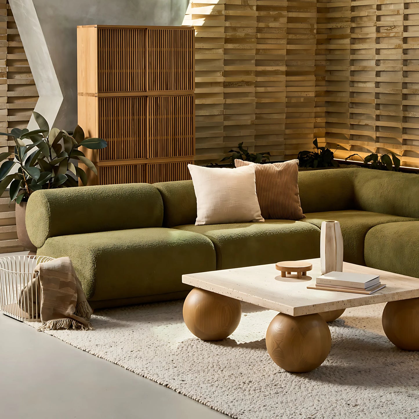 Nordic Modern Ball-shaped Base Solid Wood Side Tables Square Travertine Top Coffee Table
