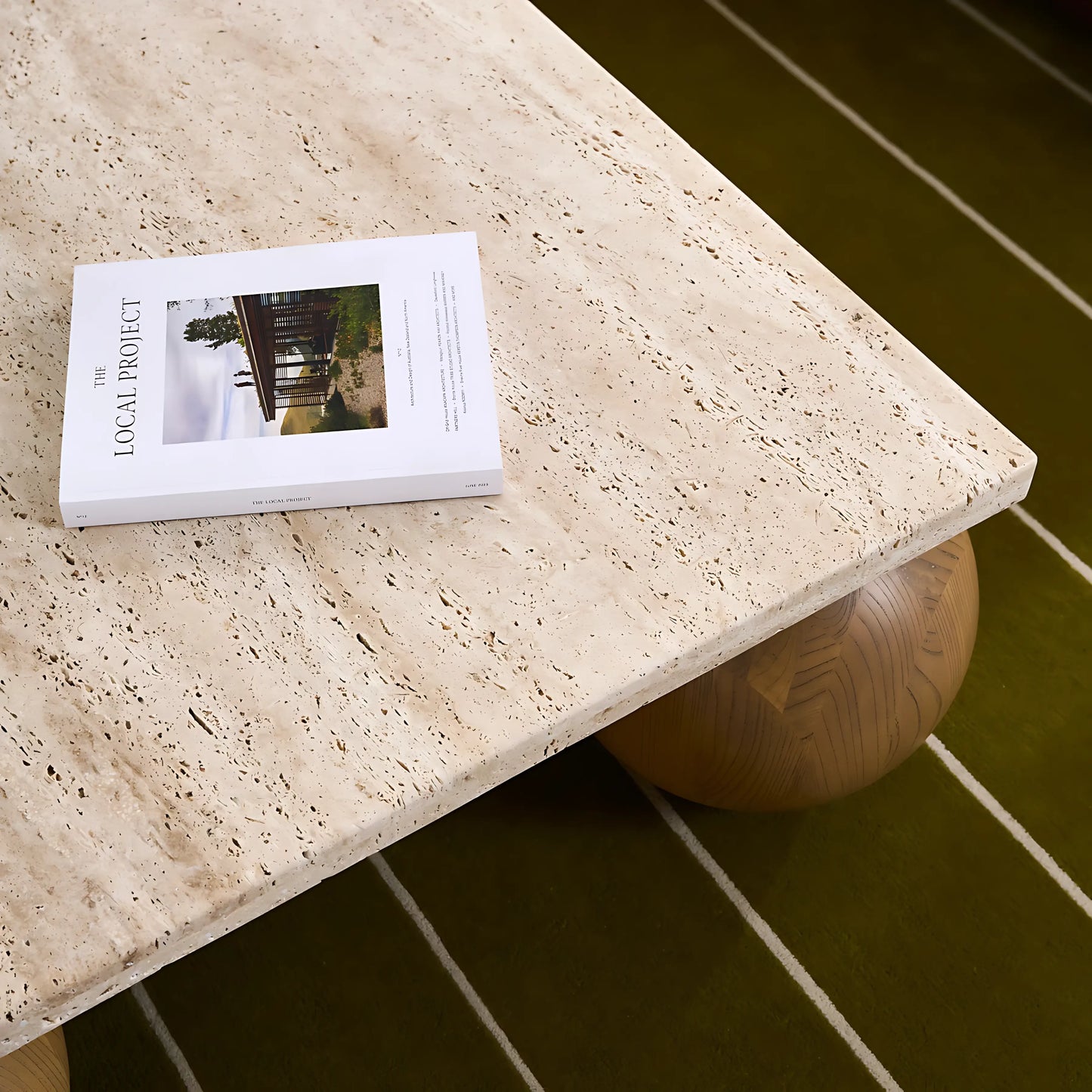 Nordic Modern Ball-shaped Base Solid Wood Side Tables Square Travertine Top Coffee Table