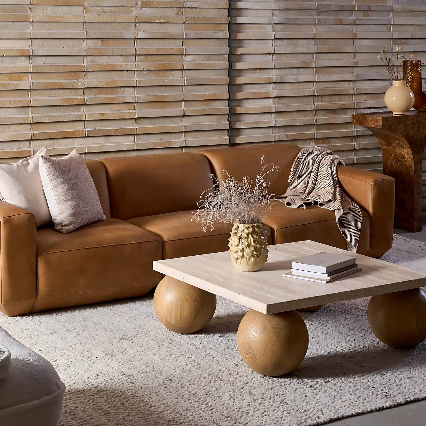Nordic Modern Ball-shaped Base Solid Wood Side Tables Square Travertine Top Coffee Table