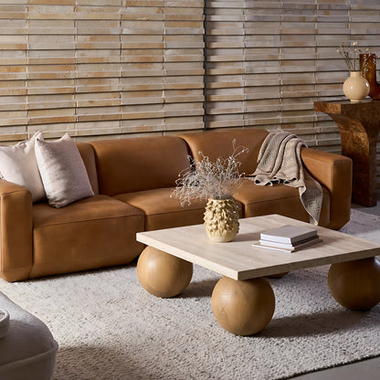 Nordic Modern Ball-shaped Base Solid Wood Side Tables Square Travertine Top Coffee Table