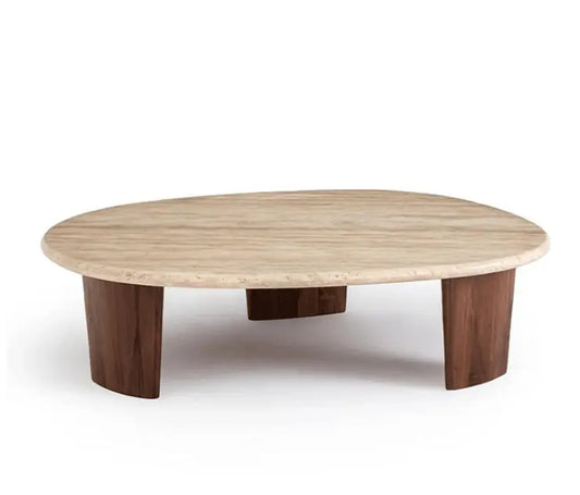 Solid Wood Legs Center Table Modern Irregular Travertine Top Coffee Table