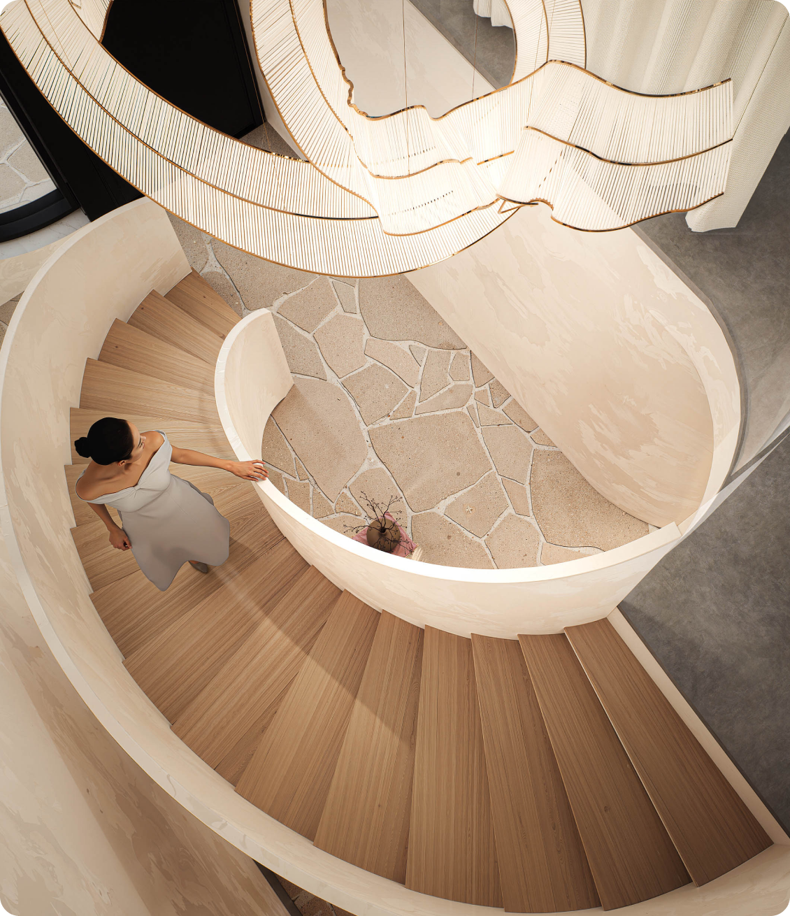 Luxury staircase featuring sculptural spiral design and curved balustrade at 70 Cobden Melbourne by Albert Living.