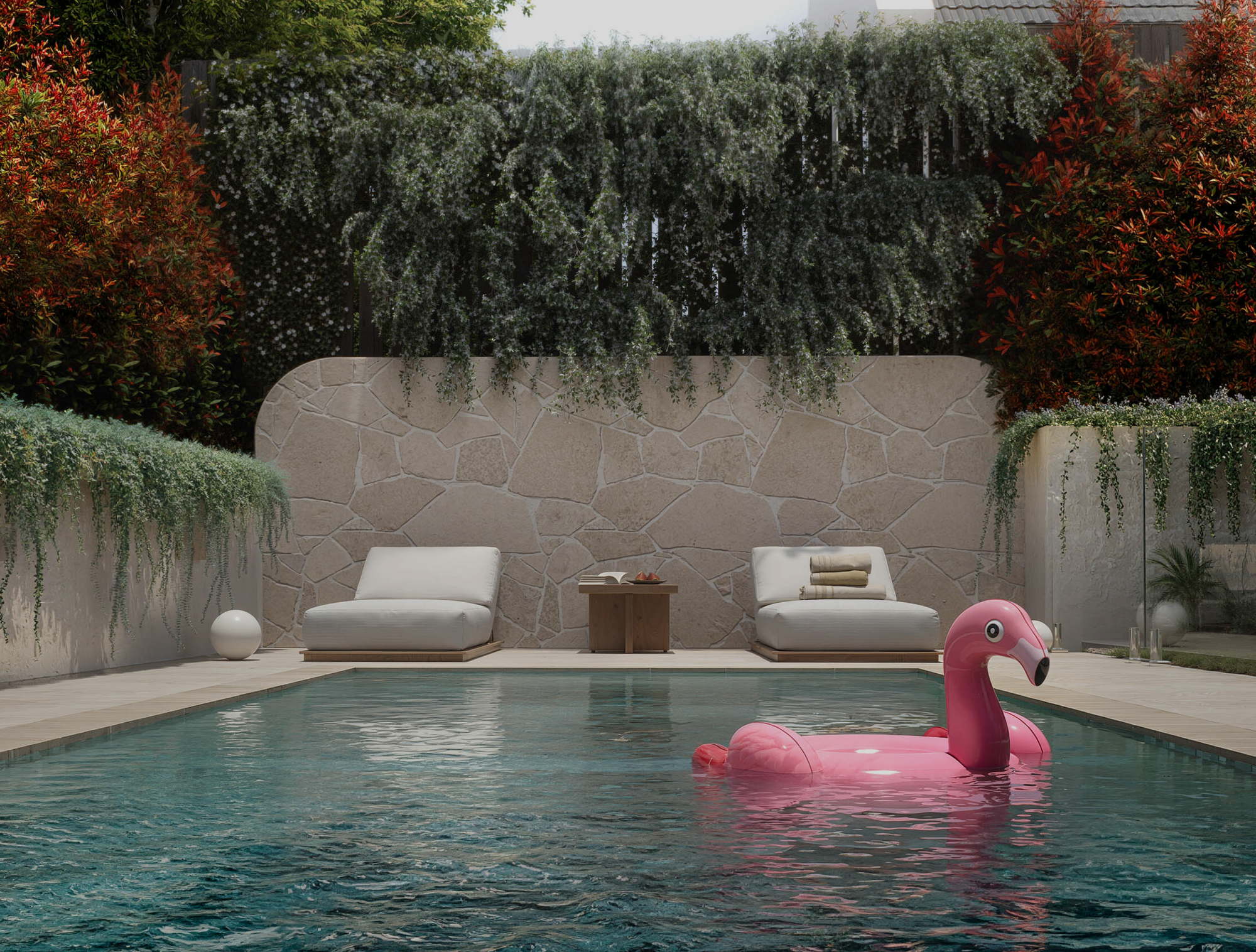 Luxury backyard pool featuring landscaped garden and outdoor lounge at 70 Cobden by Albert Living, a luxury home in Camberwell Melbourne.