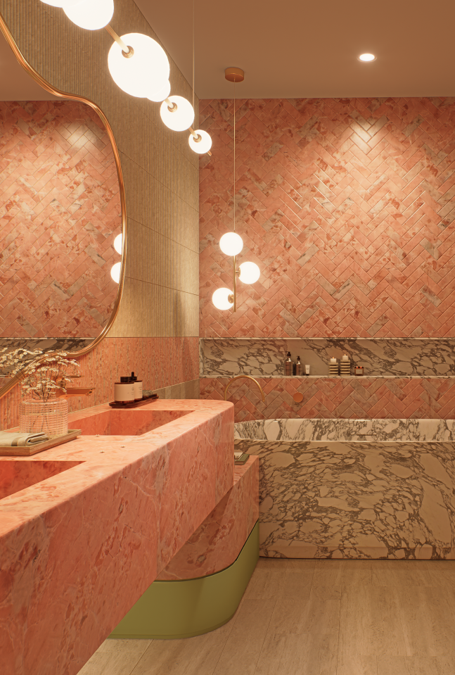 Luxury bathroom featuring Rosa Norvegia marble vanity and Arabescato Cielo herringbone wall at 70 Cobden by Albert Living, a modern luxury residence in Kew Melbourne.