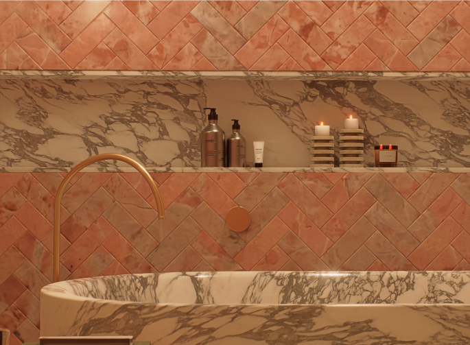 Luxury bathroom featuring Rosa Norvegia marble and Arabescato Cielo herringbone pattern at 70 Cobden by Albert Living, an architectural home in Kew Victoria.
