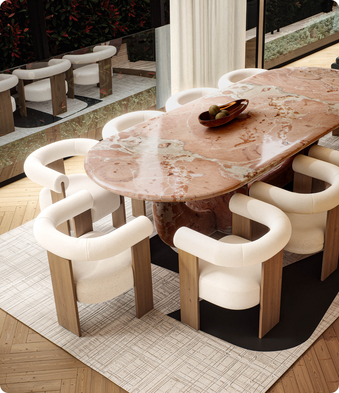 Luxury dining room featuring sculptural furniture and warm timber flooring at 70 Cobden Melbourne by Albert Living.