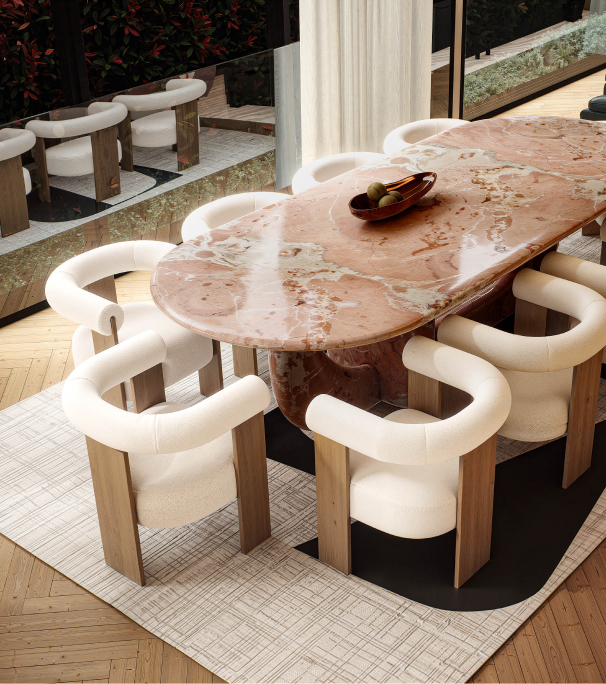 Luxury dining room featuring sculptural furniture and warm timber flooring at 70 Cobden Melbourne by Albert Living.