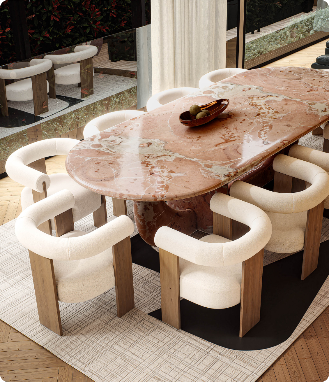 Luxury dining room featuring marble dining table and upholstered seating at 70 Cobden Melbourne by Albert Living.